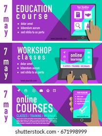 Online education concept. Set of  creative templates for distance education, webinar, coaching and internet registration classes.