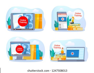 Online education concept set. Idea of learning and knowledge. Study and training online. Isolated vector illustration