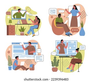 Online education concept. Set of men and women studying online courses or attending lectures and lesson remotely. Students learning at home. Cartoon flat vector collection isolated on white background