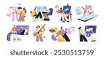 Online education concept set. Students learning languages in internet. People study remote using laptop, computer, phone. Digital lessons, courses by video. Flat isolated vector illustrations on white