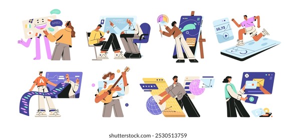 Online education concept set. Students learning languages in internet. People study remote using laptop, computer, phone. Digital lessons, courses by video. Flat isolated vector illustrations on white