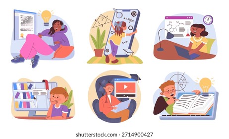 Online education concept set for web design. Collection with cartoon people learning at laptops or mobile phones, reading books, doing math and chemistry, watching tutorials. Vector illustration.
