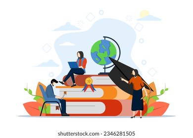 Online Education Concept, Showing young people studying online, Suitable for landing page, ui, web, app intro card, editorial, flyer, and banner, Flat Vector Illustration on a white background.