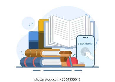 Online education concept, smart devices, open book, Apple, digital marketing. Gaining knowledge to achieve success and better ideas. Online education or business training. Vector illustration.