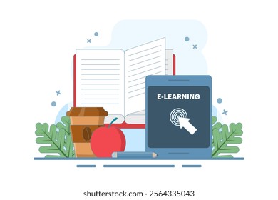 Online education concept, smart devices, open book, Apple, digital marketing. Gaining knowledge to achieve success and better ideas. Online education or business training. Vector illustration.