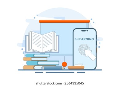 Online education concept, smart devices, open book, Apple, digital marketing. Gaining knowledge to achieve success and better ideas. Online education or business training. Vector illustration.