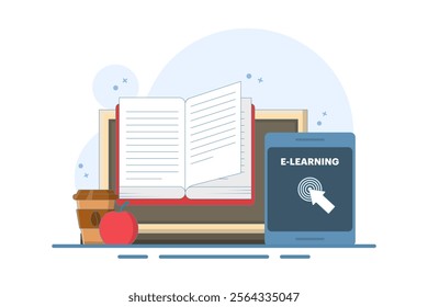 Online education concept, smart devices, open book, Apple, digital marketing. Gaining knowledge to achieve success and better ideas. Online education or business training. Vector illustration.