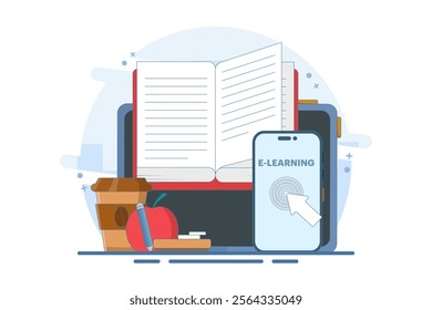 Online education concept, smart devices, open book, Apple, digital marketing. Gaining knowledge to achieve success and better ideas. Online education or business training. Vector illustration.