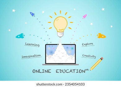 Educación en línea, Concepto de aprendizaje inteligente con imaginación y conocimiento independiente, Idea de aprendizaje para el éxito y liderazgo con creatividad, Bombilla brillante en forma de cohete vuela.