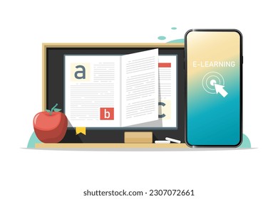 Online education concept, Smartphone with blackboard, open book, apple on isolated background, Digital marketing illustration.