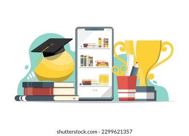 Online education concept, Smartphone with book set, stationery, trophy, lightbulb on isolated background, Digital marketing illustration.