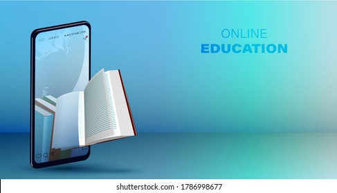 Online education concept, smartphone with books inside. Book flies out of phone screen. Distance learning and education. Vector on blue background