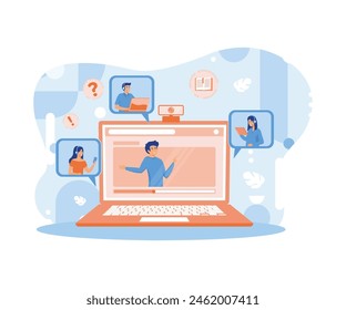 Online education concept. Smiling people using headphones for a video call. flat vector modern illustration 