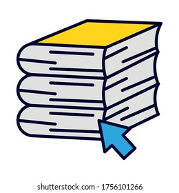 concepto de educación en línea, pila de libros con icono de cursor de flecha sobre fondo blanco, estilo de línea y relleno, ilustración vectorial