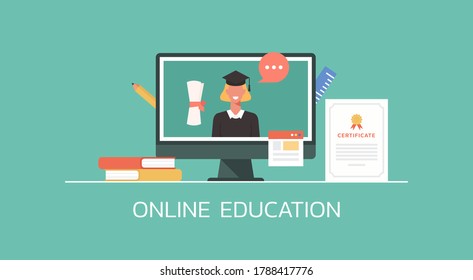 online education concept, student attending online graduation ceremony on computer, flat vector illustration