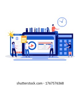 Online education concept with student characters. Modern vector illustration in flat style for landing page, mobile app, poster, banner, flyer, template, web, backgrounds, infographics, hero images.