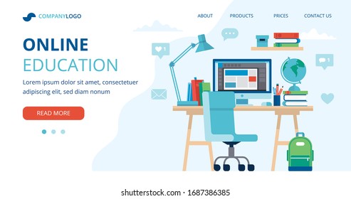 Online education concept with a student desk, computer, lamp, and books. Landing page template, vector illustration in flat style.