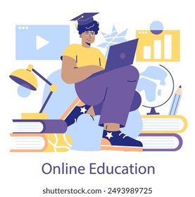 Online Education concept. A student engages with digital learning resources on a laptop, surrounded by educational icons. Vector illustration.