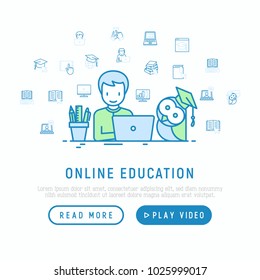 Online education concept: student learning on laptop and thin line icons: online course, webinar, e-book, video conference, home studying. Modern vector illustration, web page template.