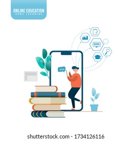 Online education concept. Student learning online at home, Smartphone Learning Concept, Online library, e-books, digital book store, e-reading, online learning concept. Vector illustration.