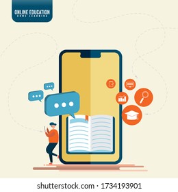 Concepto de educación en línea. Aprendizaje de estudiantes en línea en casa, Concepto de Aprendizaje de Smartphone, biblioteca en línea, libros electrónicos, tienda de libros digitales, lectura electrónica, concepto de aprendizaje en línea. Ilustración vectorial.
