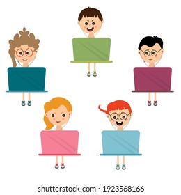 Online Education Concept. Student Learning Online at Home. Characters. Looking at Laptop. Flat  Vector Illustration.