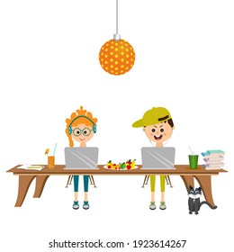 Concepto de educación en línea. Estudiante aprendiendo en línea en casa. Caracteres. Mirando la laptop. Ilustración de vectores planos.