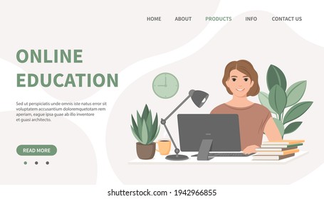 Online education concept. Student learning online at home.  Woman  sitting at desk, looking at computer and studying. Landing page template. Vector illustration in flat style.
