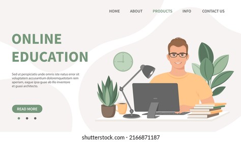 Concepto de educación en línea. Estudiantes aprendiendo en línea en casa.  Hombre sentado en el escritorio, mirando la computadora y estudiando. Plantilla de página de inicio. Ilustración del vector

