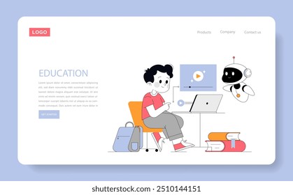 Concepto de educación en línea. Aprendizaje de estudiantes con laptop y ayudante de IA. Participó en cursos digitales, asistencia de tecnología interactiva. Ilustración vectorial.