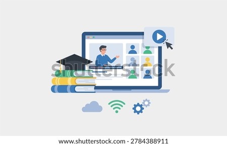 Online education concept, student learning with laptop, e-learning and distance learning vector illustration.
