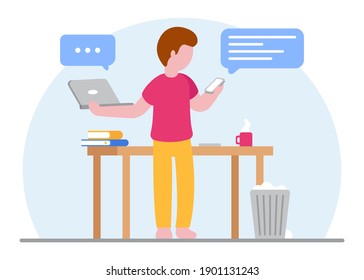 Online education concept. A student is in the process of learning with a laptop and a smartphone at the same time. Studying at home during quarantine. E-learning. Online work. Flat illustration.