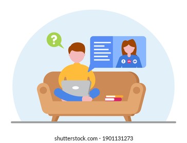 Online education concept. A student studying at a laptop at home during quarantine. Concept for video tutorials and video conferencing on the couch. E-learning. Online work. Vector flat illustration.