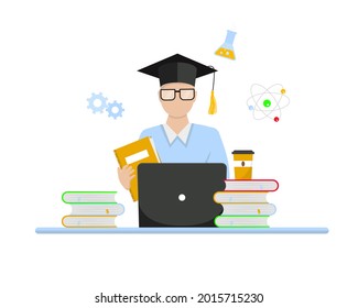 Online education concept. Student studying with laptop. Learning at home, distance learning. Vector illustration