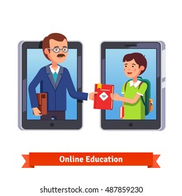 Online education concept. Student and teacher talking via video call with tablets or smartphone. Professor giving a book to a pupil on internet. Flat style vector illustration isolated on white.