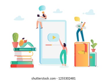 Online Education Concept with Students Characters Learning on Webinar. E-learning Technology, Internet Library, Graduation, Distant Training Courses. Vector illustration