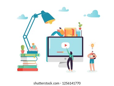 Online Education Concept with Students Characters Learning on Webinar. E-learning Technology, Internet Library, Graduation, Training Courses. Vector illustration