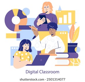 Concepto de Educación en línea. Estudiantes que participan en el aprendizaje remoto con herramientas y recursos digitales. Experiencia interactiva en el aula virtual. Ilustración vectorial.