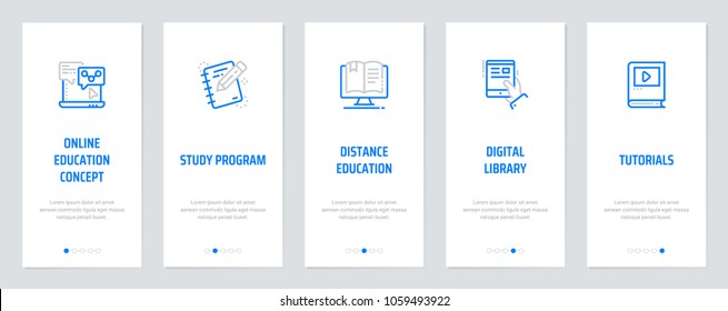 Online Education Concept, Study Program, Distance Education, Digital Library, Tutorials Vertical Cards With Strong Metaphors. Template For Website Design.