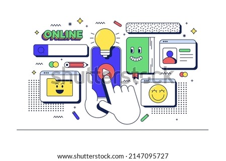 Online Education concept. Table with computer and related icons. Flat line 90s cartoon style. Vector illustration