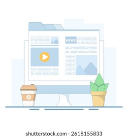 Online education concept, Tablet with news information and video apps, coffee cup, equipment on isolated background, digital marketing. Flat design illustration on background.