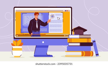 Online education concept. Teacher lead distance lecture and online webinar. Learning and training. Computer with webinar near stack of textbooks and graduation hat. Cartoon flat vector illustration