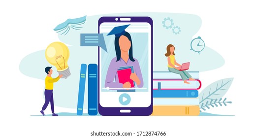 Online education concept. Teacher on the smartphone screen, video tutorial, books, students.
