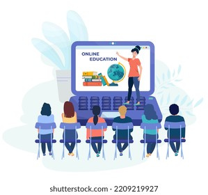 Online education concept. Teacher is on the giant laptop screen. Students in online classroom. School children are listening to the teacher on the screen. Online lesson. 