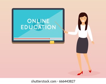 Online education concept. Teacher with tablet. E-learning. Flat design modern vector illustration concept.