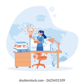 Online education concept. A teacher using technology at a desk surrounded by educational themes, showcasing innovation, learning, and productivity in a global context.