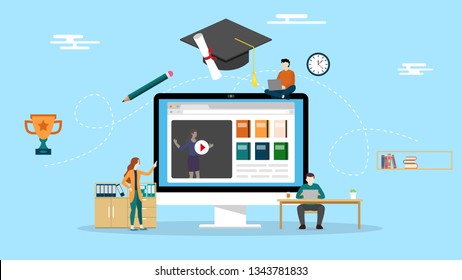 online education concept team study together with ebook and video - vector