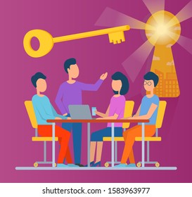 Online education concept, teamwork or teachers meeting vector. Female and male students, degree receiving in group, knowledge and skills training. Key and keyhole, teaching staff board illustration