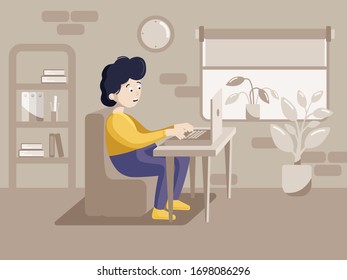 Online education concept template with a sad male student, computer, books and room on the background. Landing page template. Flat vector stock illustration.