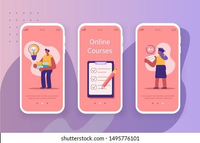 Online Education Concept Template for Web Page and Mobile App. Students People Learning Online Training Course. Man and Woman Characters Studying in Internet. Flat Cartoon Vector Illustration.